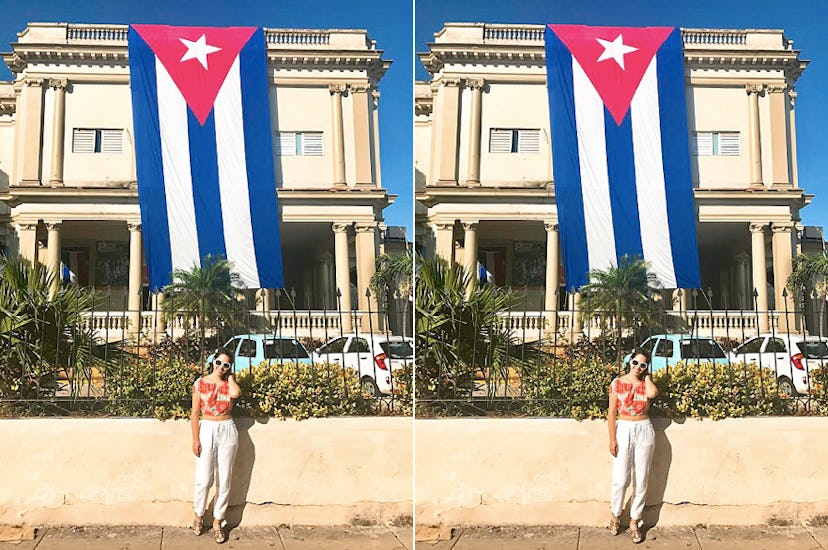 A two-part collage of Kaitlin Cubria posing in front of a building in Cuba with a large Cuban flag o...