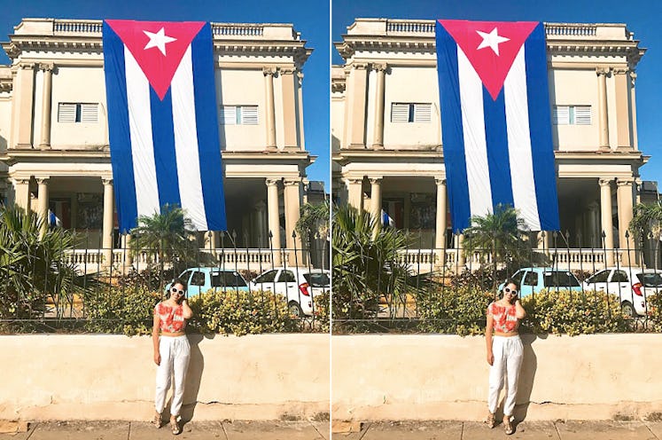 A two-part collage of Kaitlin Cubria posing in front of a building in Cuba with a large Cuban flag o...