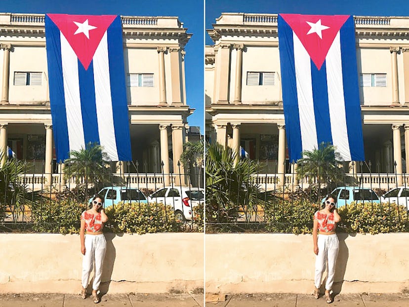 A two-part collage of Kaitlin Cubria posing in front of a building in Cuba with a large Cuban flag o...