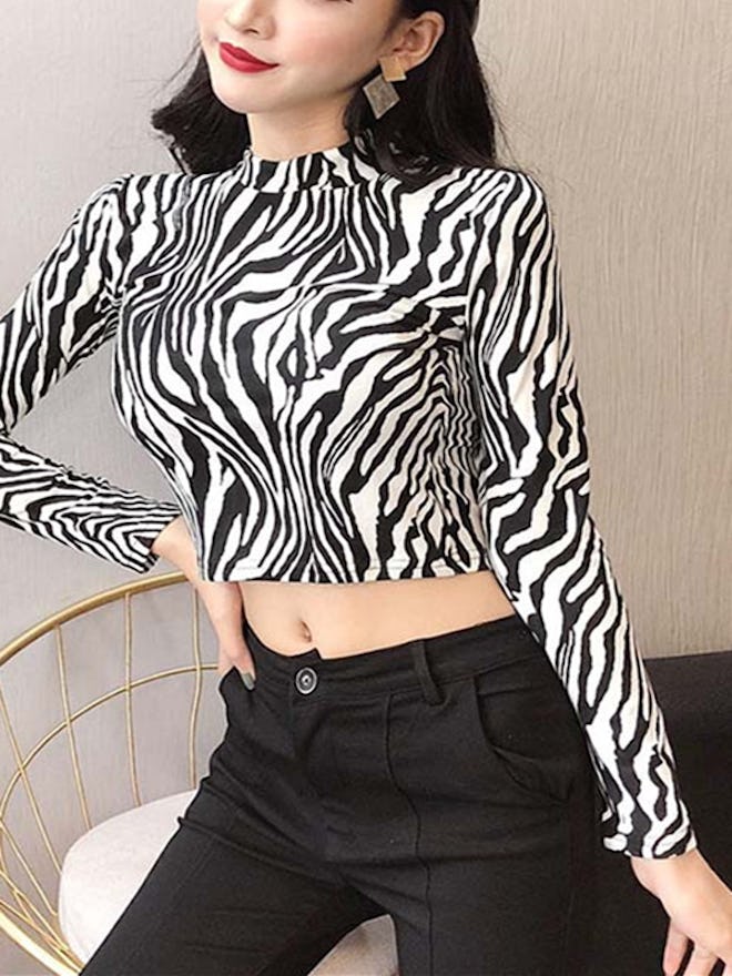 SHEMALL Women's Leopard/Zebra Print Turtleneck Slim Long Sleeve Crop Top