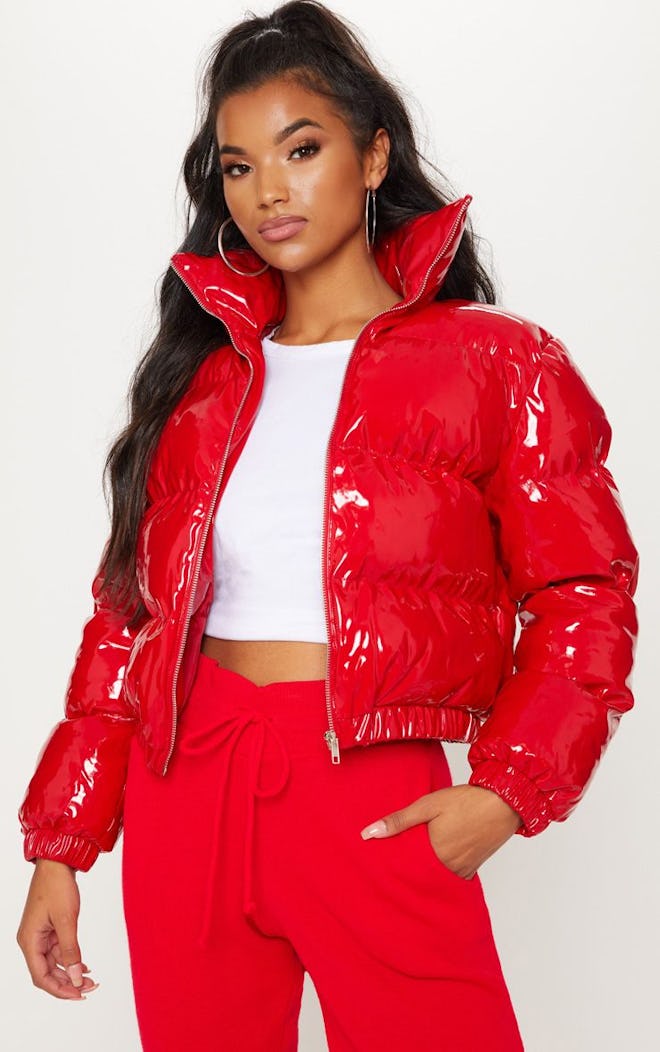 Red Cropped Vinyl Puffer