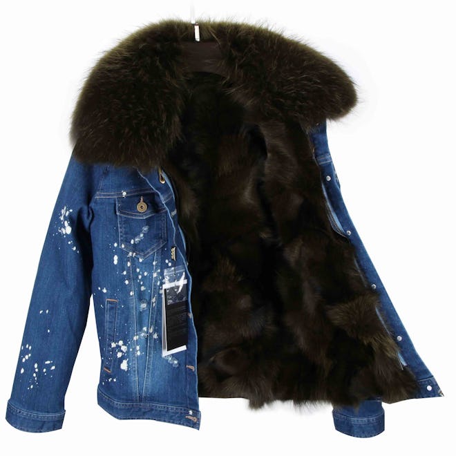 Fur-Lined Distressed Dark Denim Jacket
