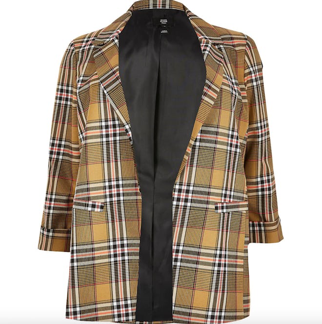 Plus Beige Check Open Front Blazer