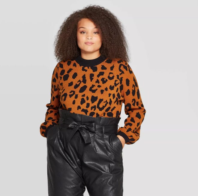 Who What Wear Leopard Print Long Sleeve Crewneck Pullover Sweater