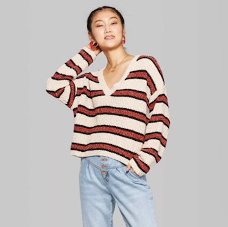Wild Fable Women's Striped Long Sleeve V-Neck Sweater