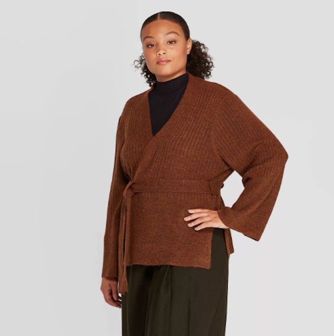 Prologue Long Sleeve Open-Front Belted Ribbed Cardigan