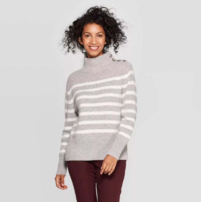 A New Day Striped Mock Turtleneck Button Detail Sweater