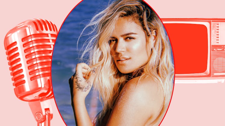 A collage of Latina singer Karol G with a vintage microphone and a TV.