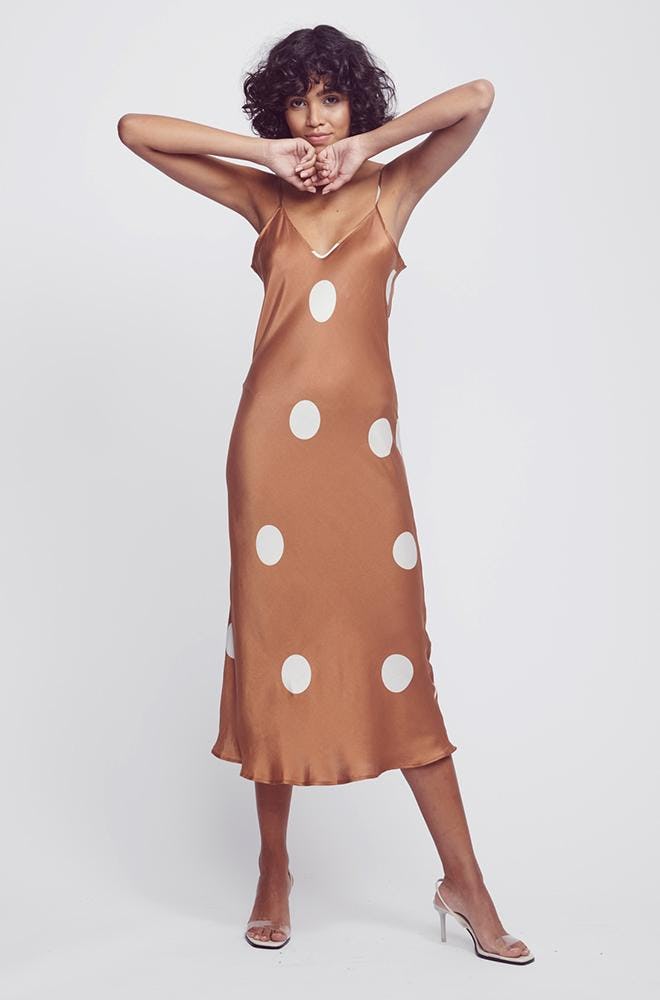Big Polka-Dot Cinnamon Silk Slip Dress