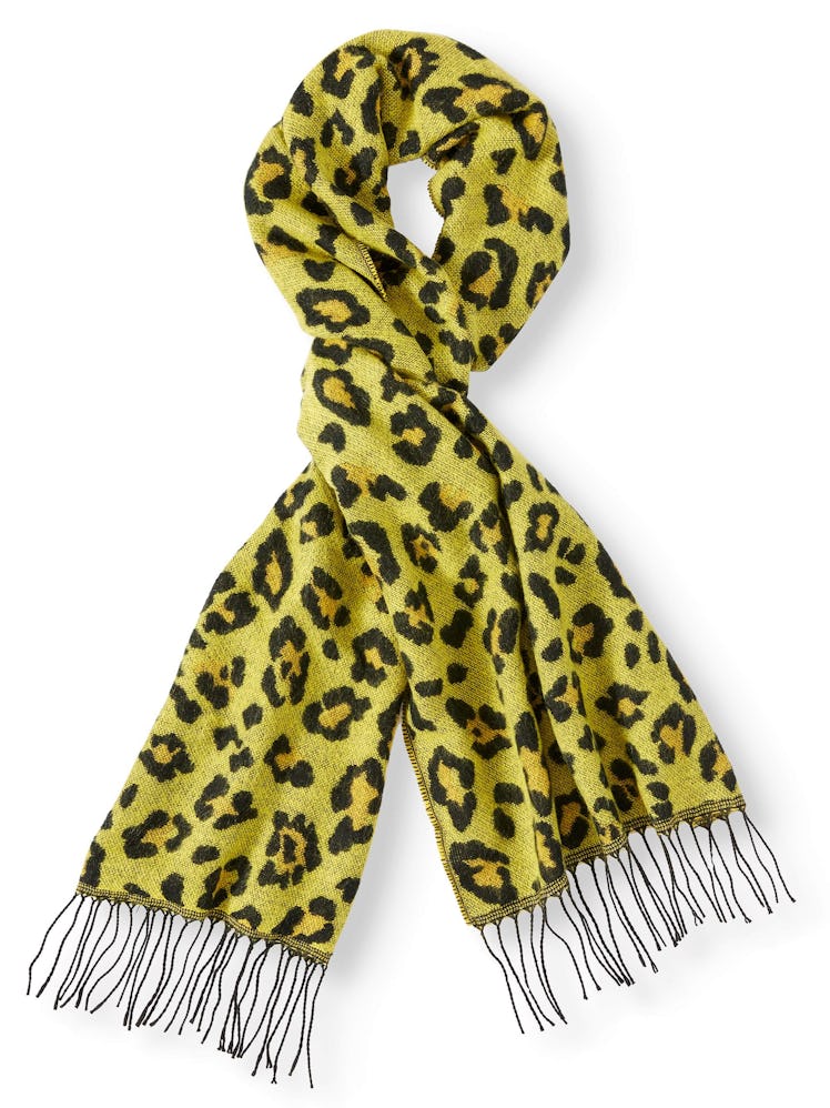 Scoop Fuzzy Wide Animal Print Fringe Scarf in Yellow Leopard