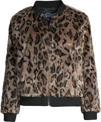 Faux Fur Leopard Knit Panel Zip-Up Bomber Jacket