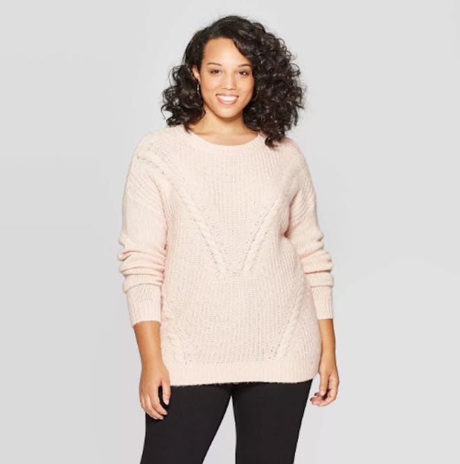 Ava & Viv Long Sleeve Crewneck Cable Pullover Sweater