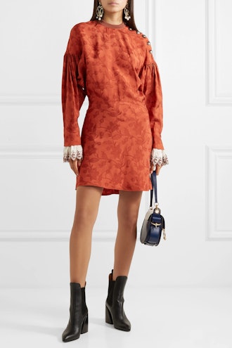 Embroidered Silk Blend-Trimmed Jacquard Mini Dress