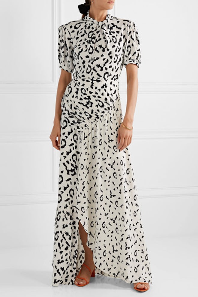 Open-Back Ruched Leopard-Print Jersey Maxi Dress