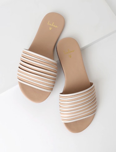 Tamber White & Natural Vachetta Leather Strappy Slide Sandals 