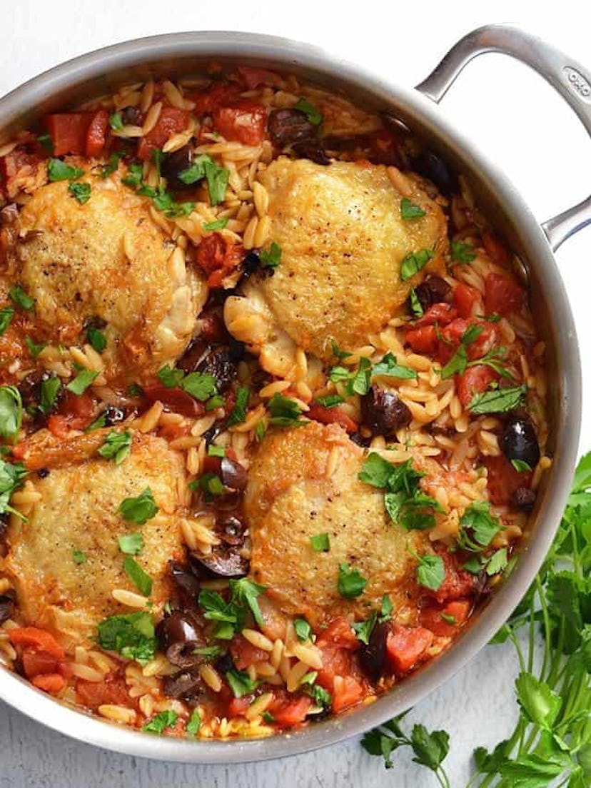 skillet chicken with orzo and olives
