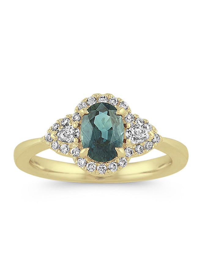 Blue-Green Sapphire and Diamond Ring