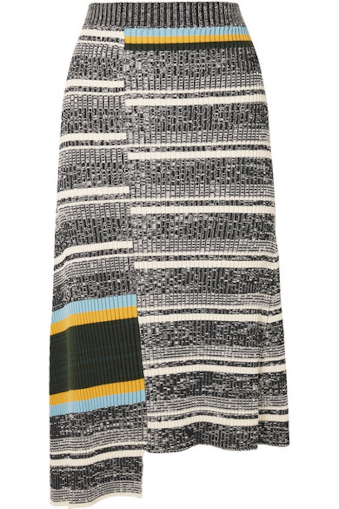 Asymmetric Striped Ribbed Cotton-Blend Midi Skirt