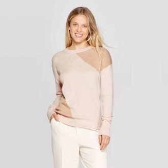 A New Day Colorblock Long Sleeve Rib-Knit Cuff Crewneck Pullover Sweater