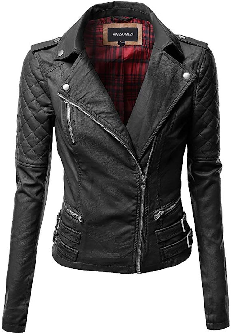  Women's Zipper Motorcycle Biker Faux Leather Jacket