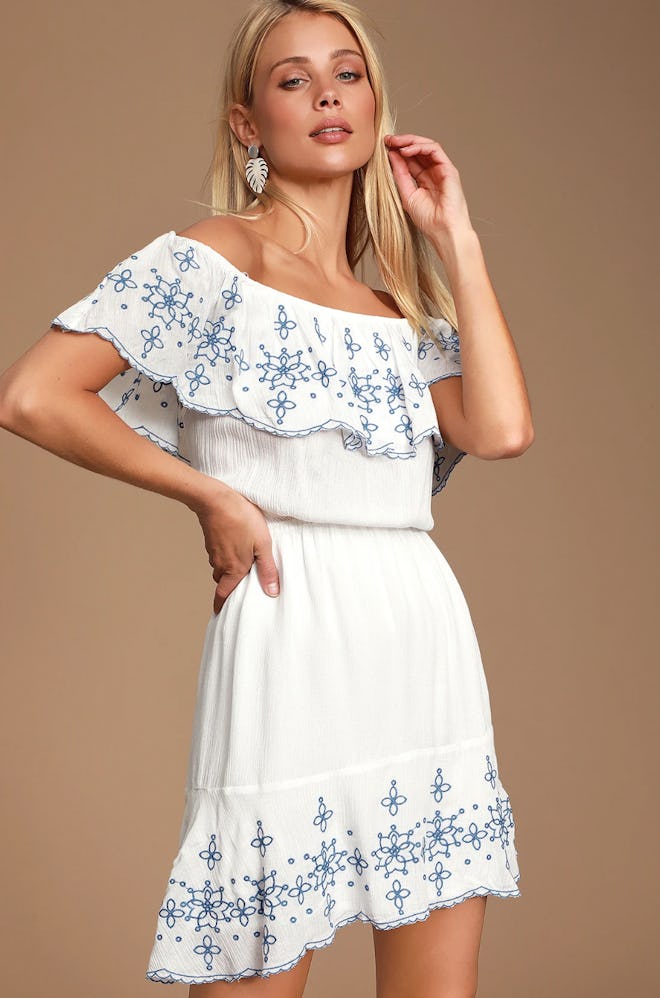 Layla Blue and White Ruffle Embroidered Skater Dress