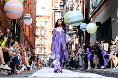 A model walking the runway at the 2019 Fall Cynthia Rowley show at New York Fashion Week styled on '...