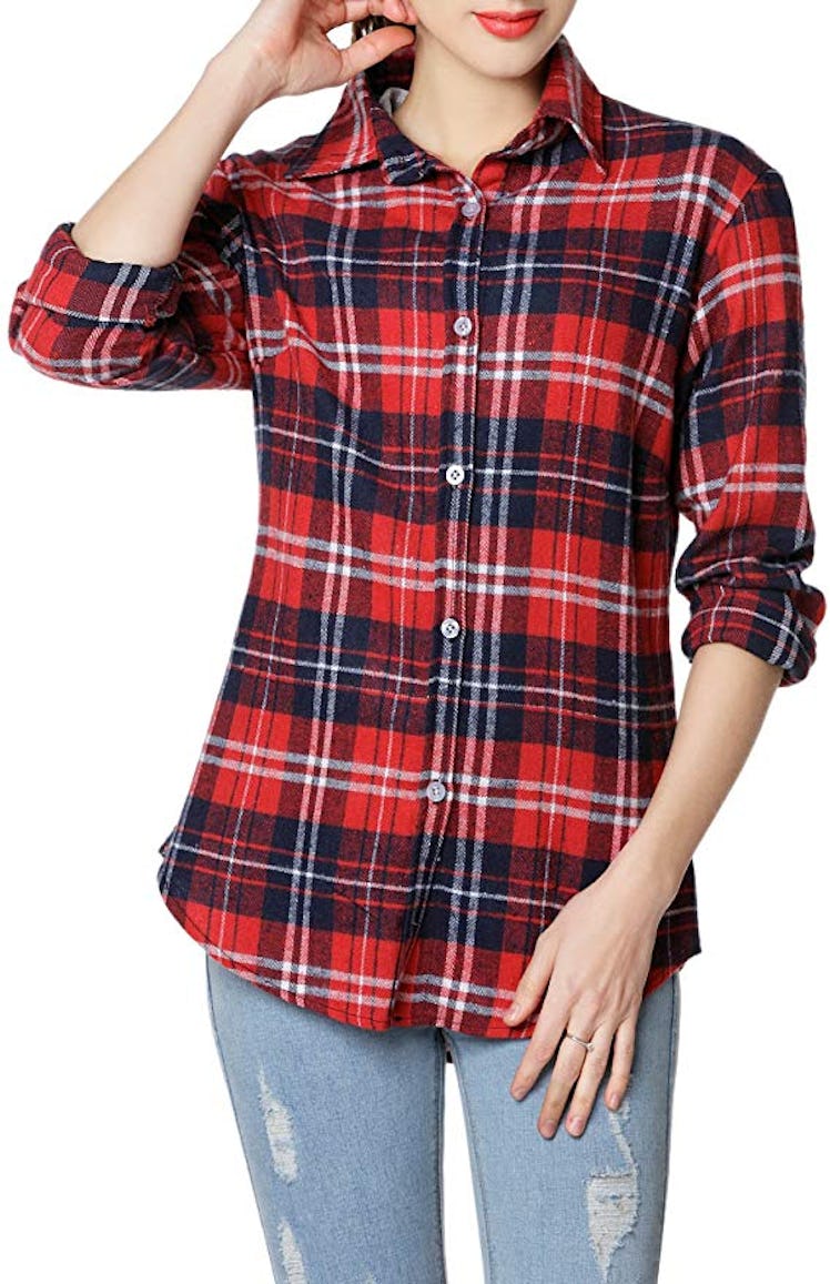 Women's Long Sleeve Casual Loose Classic Plaid Button