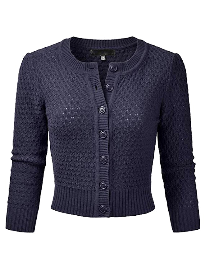 EIMIN Women's Crew-Neck Button Down 3/4 Sleeve Knit Cropped Cardigan Sweater