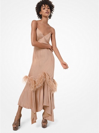 Feather-Embroidered Satin Charmeuse Handkerchief Slip Dress