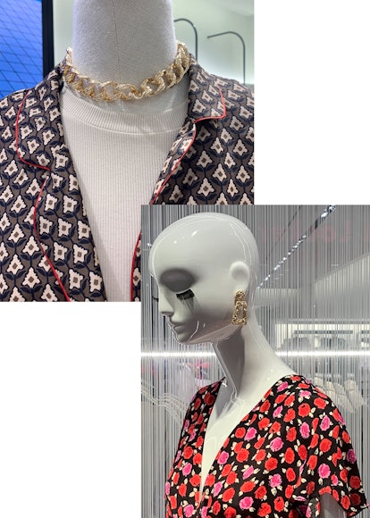 Two photos of gold Latinx-inspired jewelry seen on mannequins in Zara