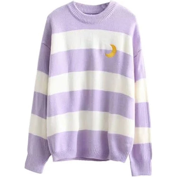 Packitcute Striped Knitted Sweater, Long Sleeve Moon Embroidery Cute Sweaters for Women