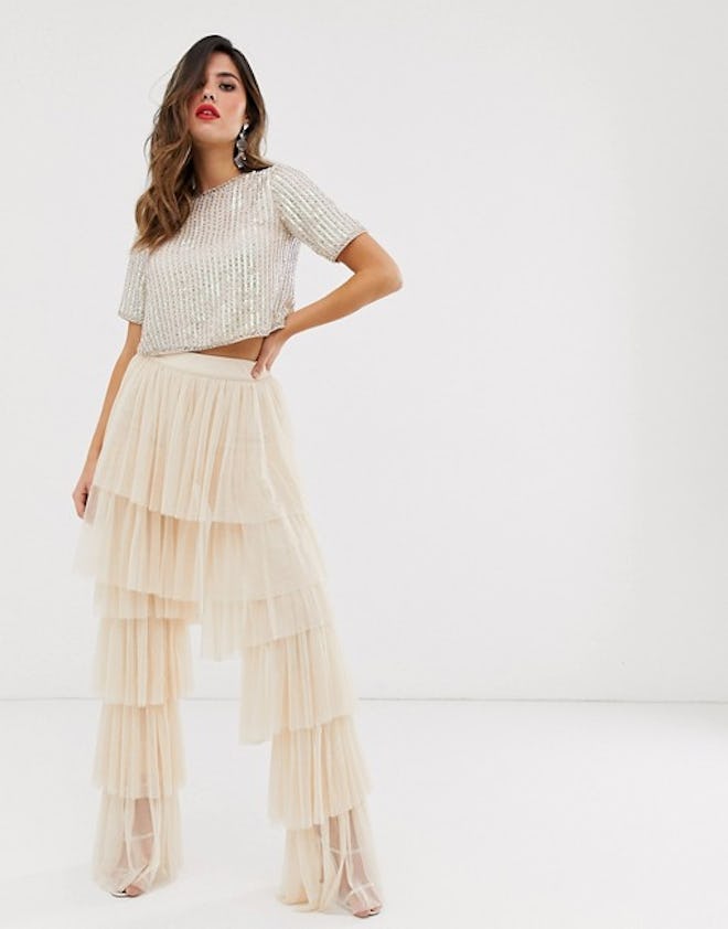 Lace & Beads Tiered Tulle Palazzo Trousers 