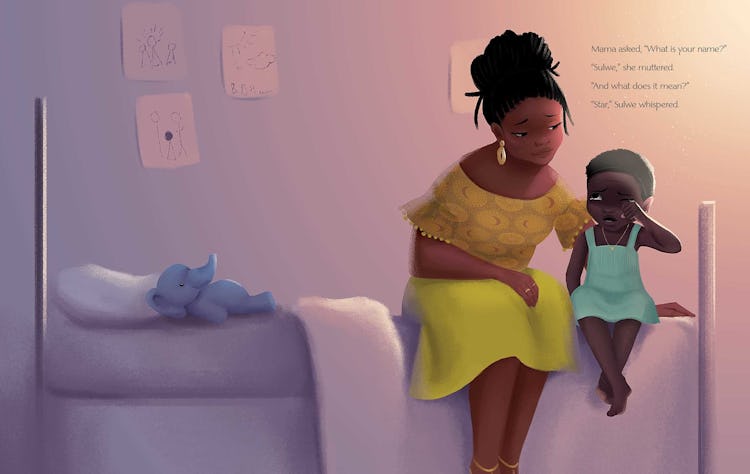 A page from Lupita Nyong’o’s debut children’s book Sulwe with Sulwes mother comforting her as she cr...