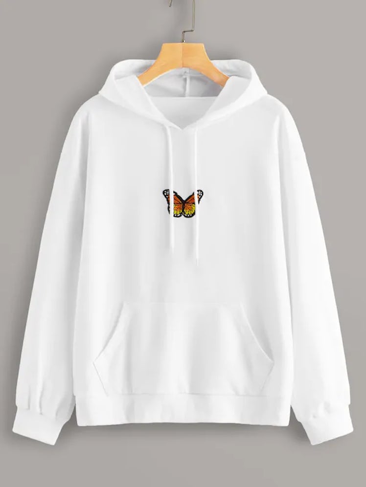 Butterfly Patched Drawstring Hooded Sweatshirt