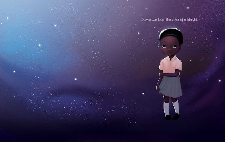 A page from Lupita Nyong’o’s debut children’s book Sulwe showing the titular character against a sta...