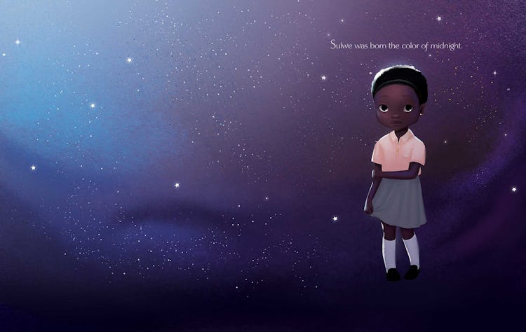 A page from Lupita Nyong’o’s debut children’s book Sulwe showing the titular character against a sta...