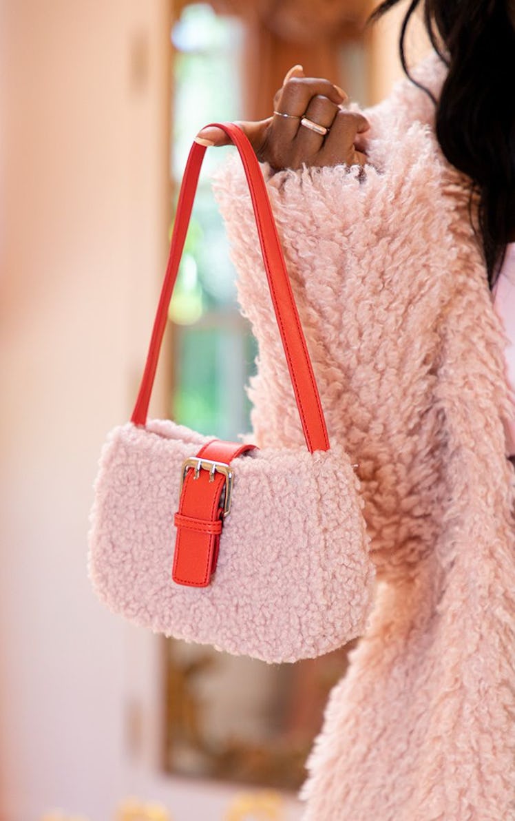 Pink Teddy Fur Red Buckle Shoulder Bag 