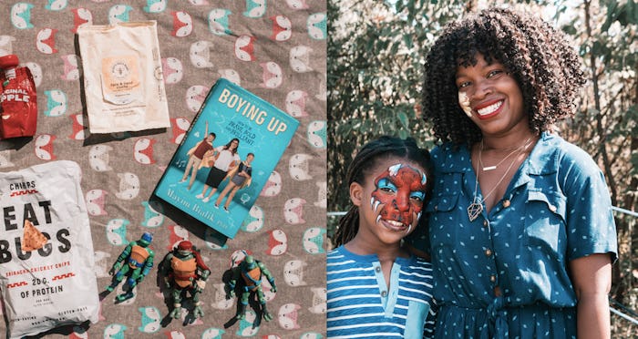 A mom with her daughter and a photo of books, toys and snacks from the mom's bag