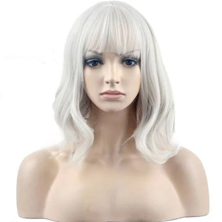 BERON 14'' Short Curly Silver White Wig Women Charming Synthetic Wig with Bangs Wig Cap Included (Si...