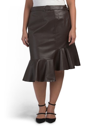 Elvi Plus Faux Leather Flounce Skirt (Sizes 14-24)