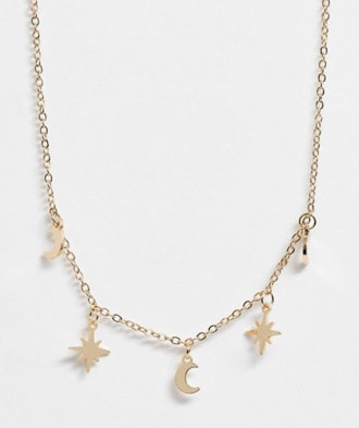 Fine Chain Choker Necklace with Moon and Star Pendants