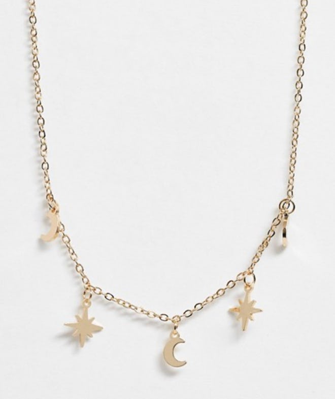 Fine Chain Choker Necklace with Moon and Star Pendants