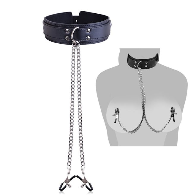 SM Bondage Leather Choker Collar with Nipple Clamps