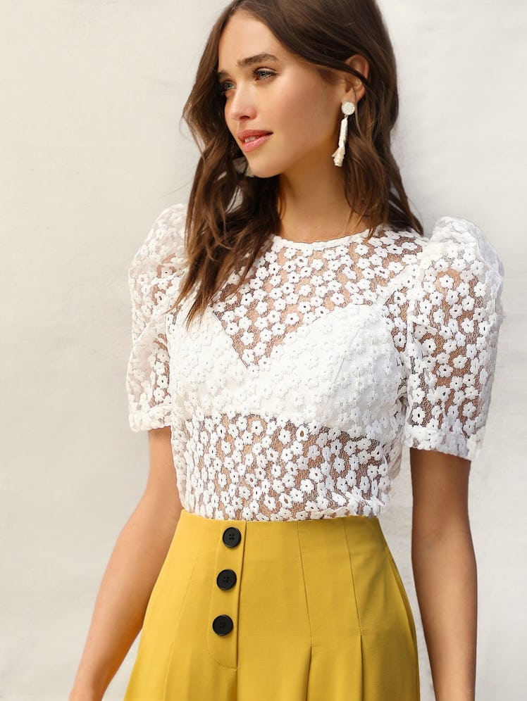 Puff Sleeve Embroidery Floral Mesh Top