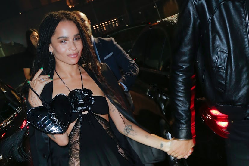 Zoe Kravitz opted for lime-green nails as an addition to her all-black outfit.