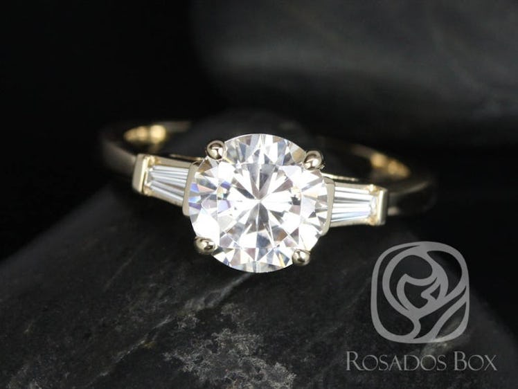 Round Forever One Moissanite Diamond Baguette 3 Stone Engagement Ring