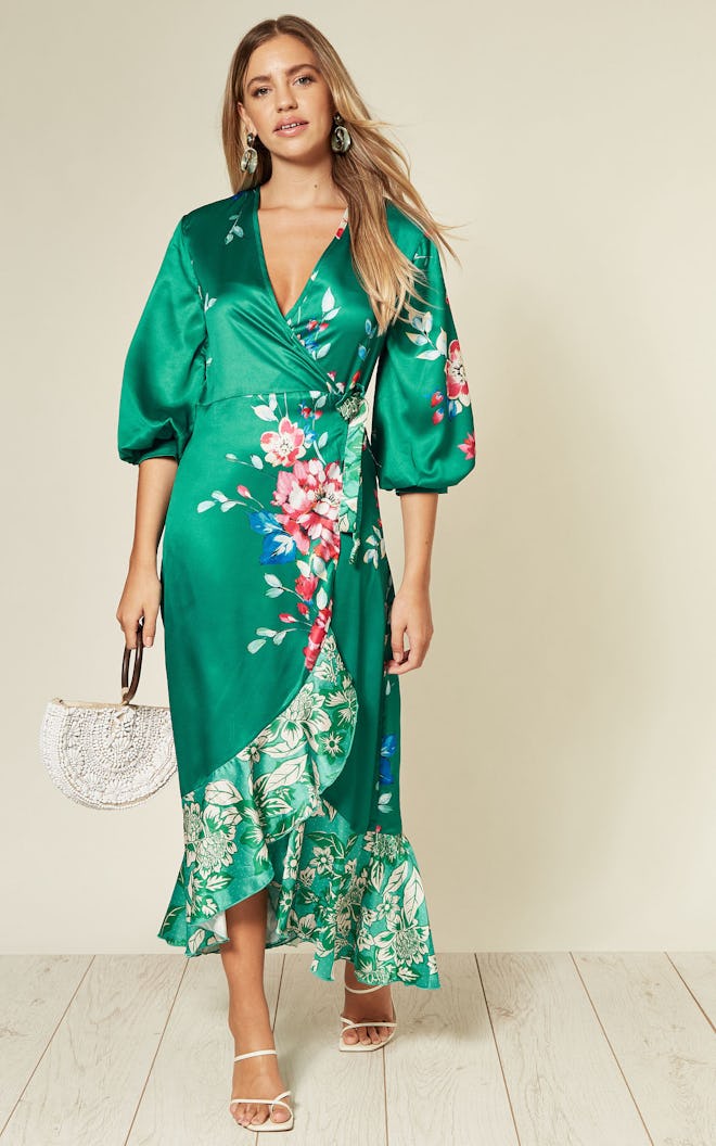 Wrap Front Long Midi Dress In Green Floral Print