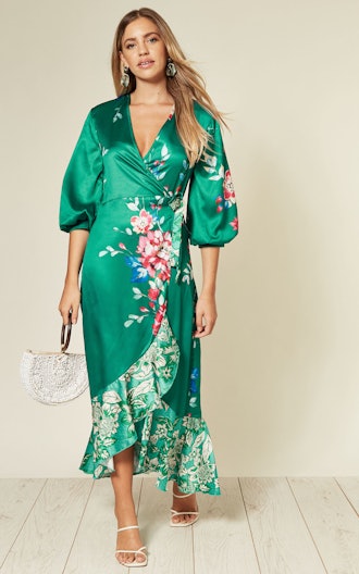 Wrap Front Long Midi Dress In Green Floral Print