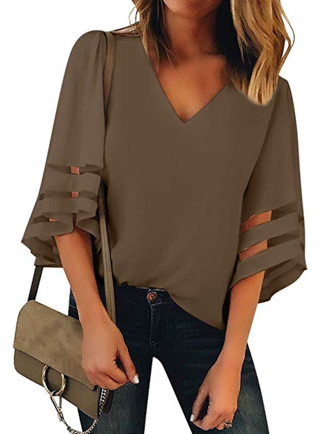 LookbookStore V-Neck Mesh Panel Blouse