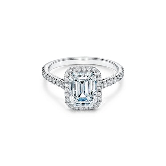Tiffany Soleste® Emerald-cut Halo Engagement Ring with a Diamond Platinum Band